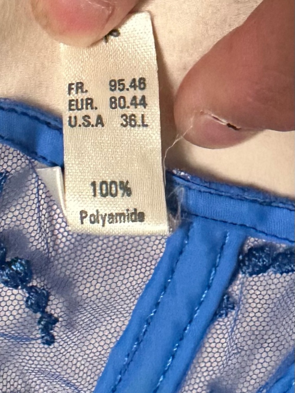 Vintage 1980’s Jeune Europa Sheer Lace Bra/Silk Thong & Garter Set Cobalt Blue - Picture 10 of 11